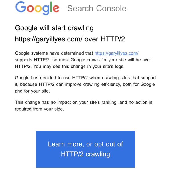 Google ส่งการแจ้งเตือนการรวบรวมข้อมูล HTTP  2 ของ Googlebot