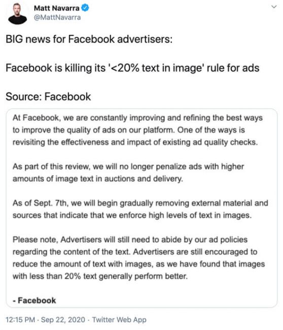 รูปภาพโฆษณาบน Facebook ที่มีข้อความไม่เกิน 20% นั้นได้รับการปิดแล้ว